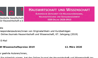 Hauswirtschaft und Wissenschaft | Preis | Lebensmittel, Ernährung, Hygiene