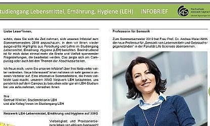 Infobrief des Studiengangs Lebensmittel, Ernährung, Hygiene.