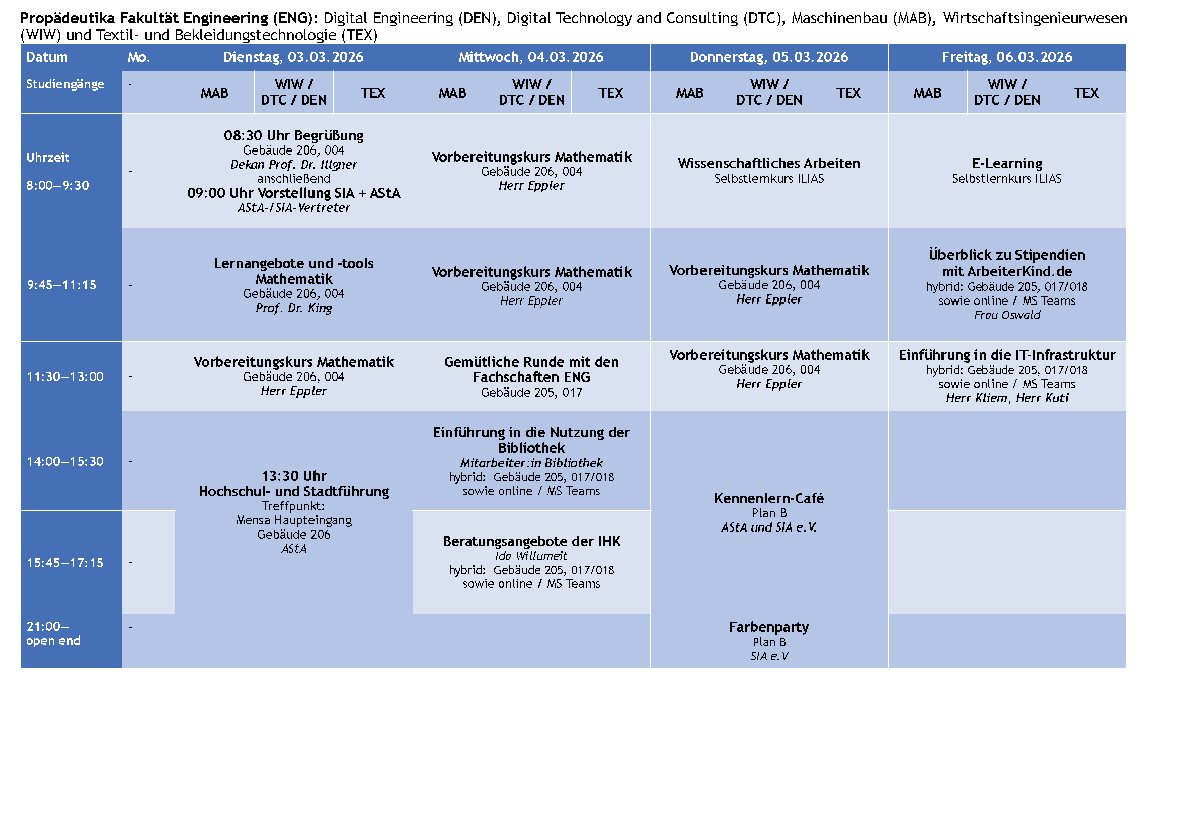 Veranstaltungsplan Woche 1